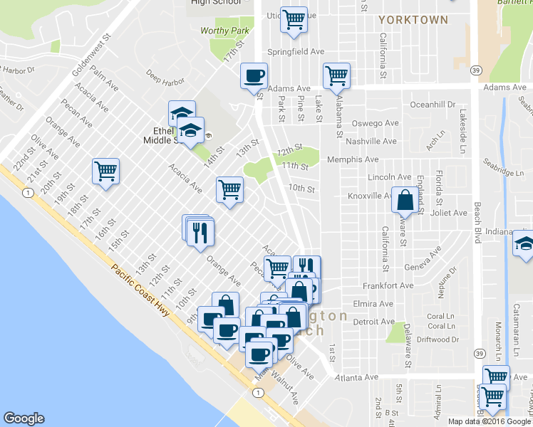 map of restaurants, bars, coffee shops, grocery stores, and more near 315 Crest Avenue in Huntington Beach