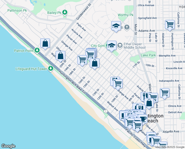 map of restaurants, bars, coffee shops, grocery stores, and more near 308 16th Street in Huntington Beach