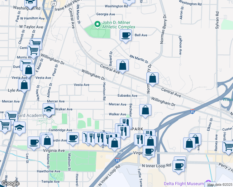 map of restaurants, bars, coffee shops, grocery stores, and more near 1333 Eubanks Avenue in East Point