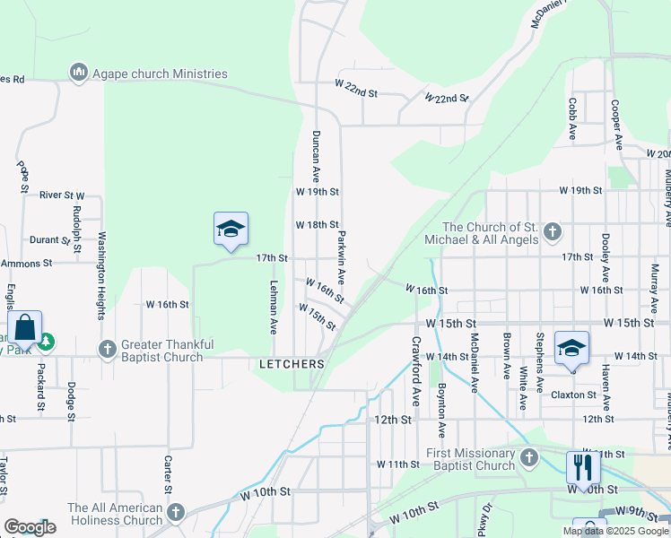 map of restaurants, bars, coffee shops, grocery stores, and more near 1624 Parkwin Avenue in Anniston