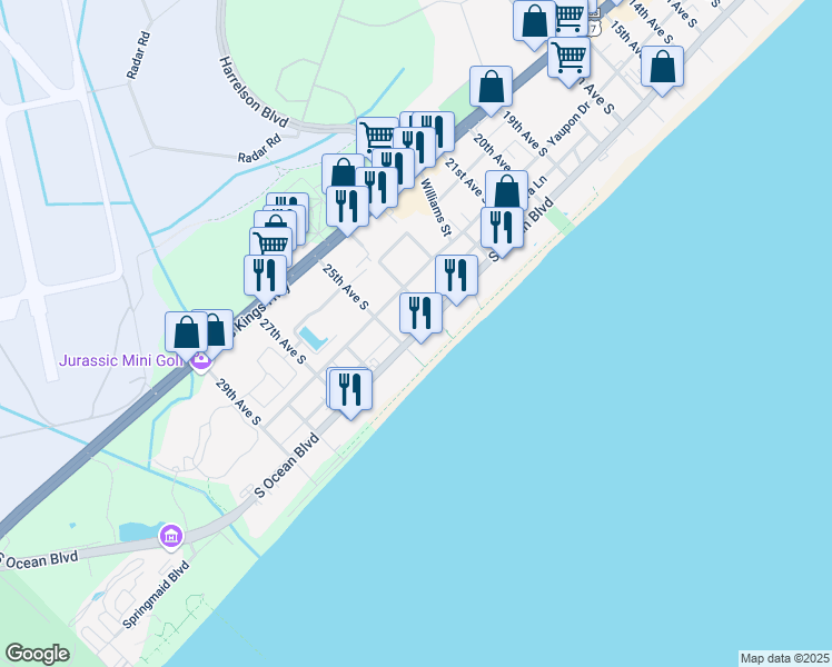 map of restaurants, bars, coffee shops, grocery stores, and more near 2405 South Ocean Boulevard in Myrtle Beach