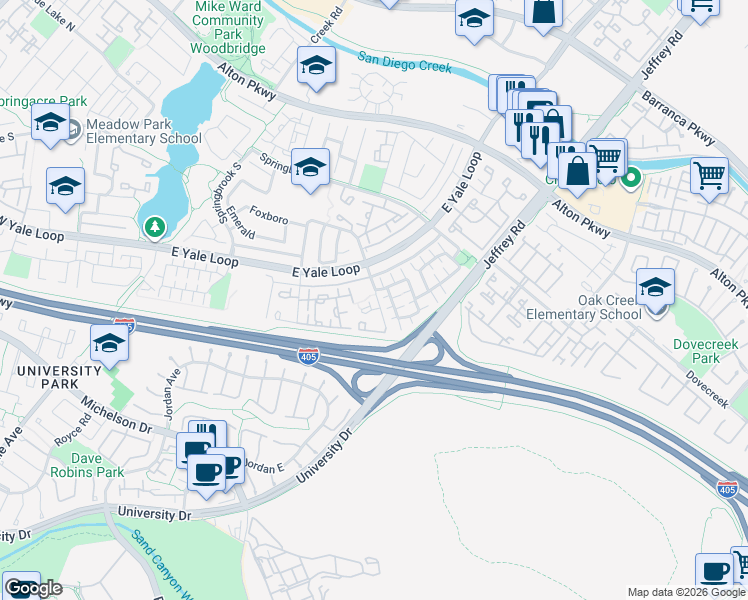 map of restaurants, bars, coffee shops, grocery stores, and more near 115 Fallingstar in Irvine