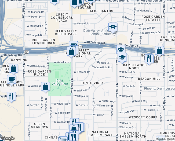 map of restaurants, bars, coffee shops, grocery stores, and more near 19809 North 17th Drive in Phoenix
