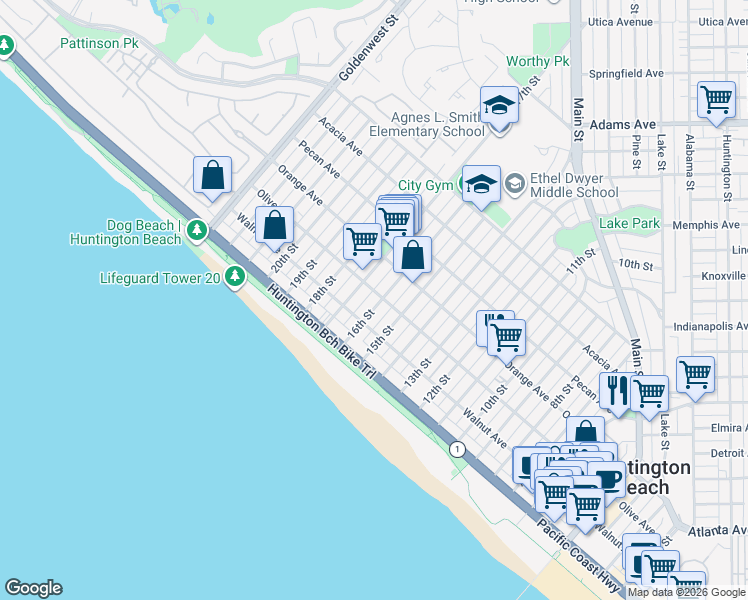 map of restaurants, bars, coffee shops, grocery stores, and more near 218 17th Street in Huntington Beach