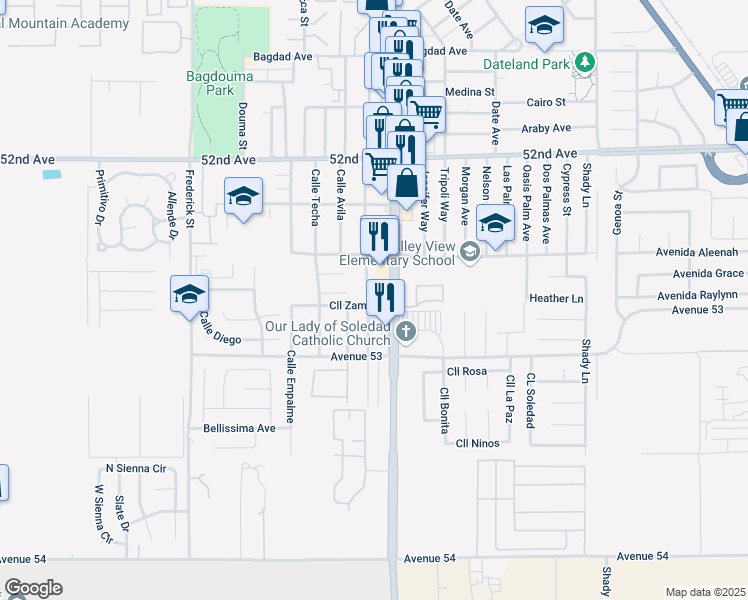 map of restaurants, bars, coffee shops, grocery stores, and more near 52694 Calle Camacho in Coachella