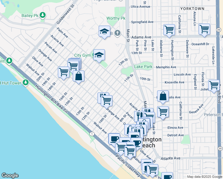 map of restaurants, bars, coffee shops, grocery stores, and more near 526 12th Street in Huntington Beach