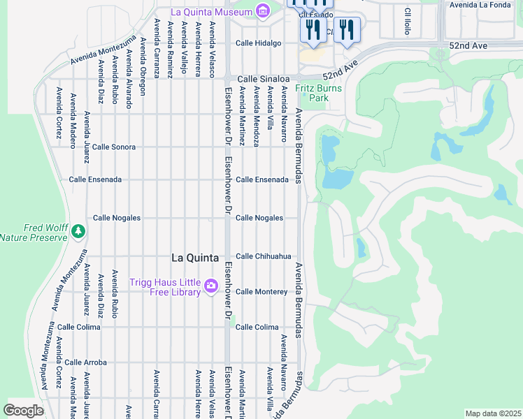 map of restaurants, bars, coffee shops, grocery stores, and more near 52637 Avenue Villa in La Quinta