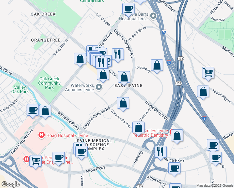 map of restaurants, bars, coffee shops, grocery stores, and more near 15785 Laguna Canyon Road in Irvine