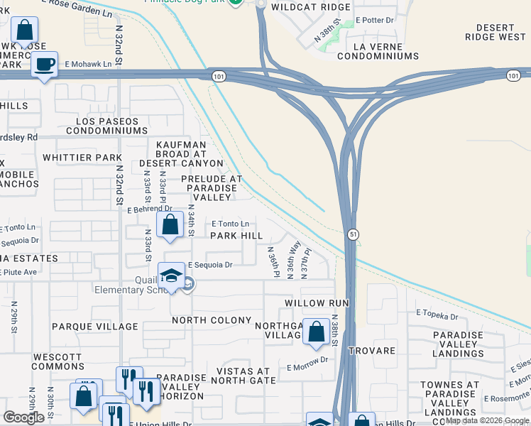 map of restaurants, bars, coffee shops, grocery stores, and more near 19653 North 37th Way in Phoenix