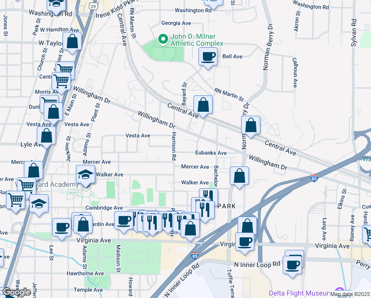 map of restaurants, bars, coffee shops, grocery stores, and more near 1357 Eubanks Avenue in East Point