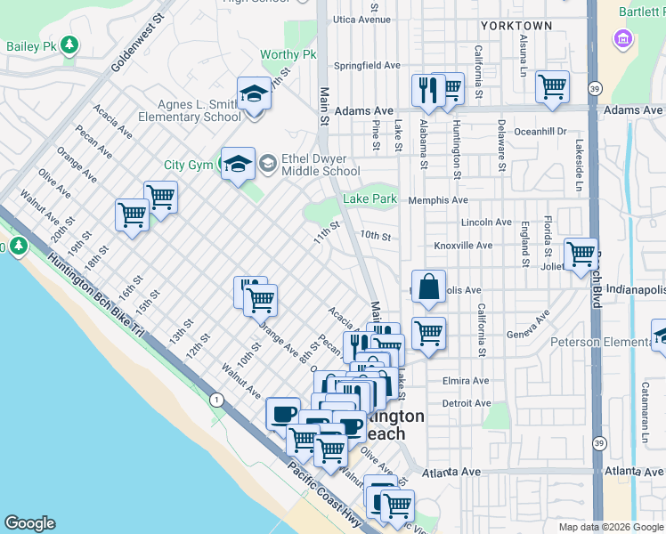 map of restaurants, bars, coffee shops, grocery stores, and more near 315 Crest Avenue in Huntington Beach