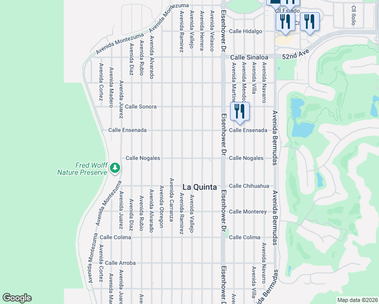 map of restaurants, bars, coffee shops, grocery stores, and more near 52700 Avenida Juarez in La Quinta