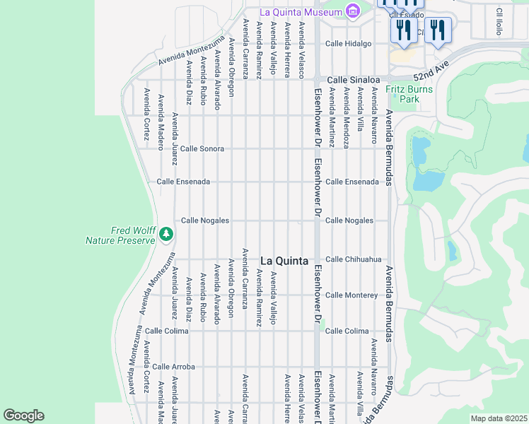 map of restaurants, bars, coffee shops, grocery stores, and more near 52700 Avenida Juarez in La Quinta