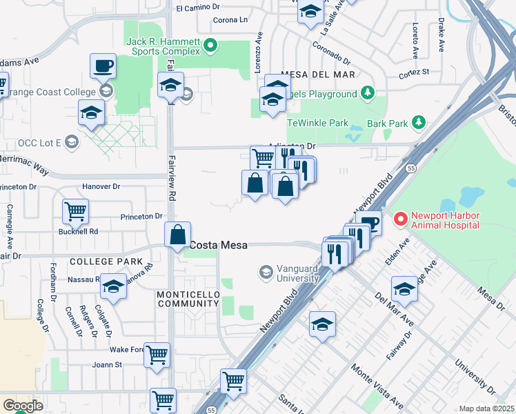map of restaurants, bars, coffee shops, grocery stores, and more near 88 Fair Drive in Costa Mesa
