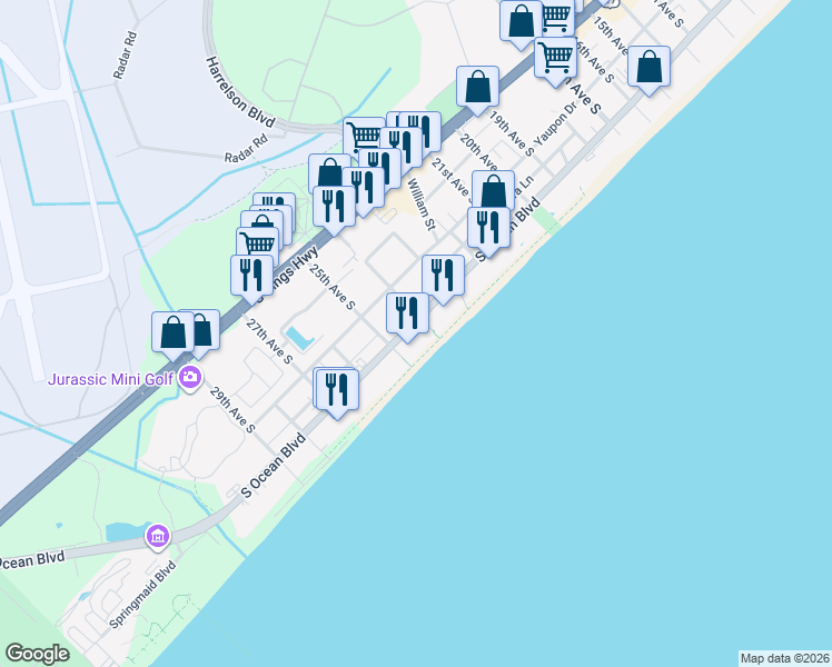 map of restaurants, bars, coffee shops, grocery stores, and more near 2405 South Ocean Boulevard in Myrtle Beach