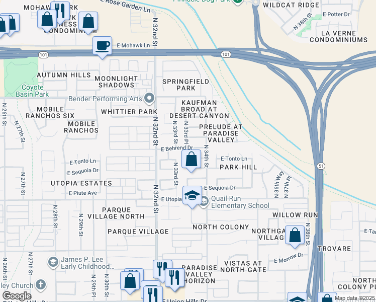 map of restaurants, bars, coffee shops, grocery stores, and more near 3315 East Behrend Drive in Phoenix