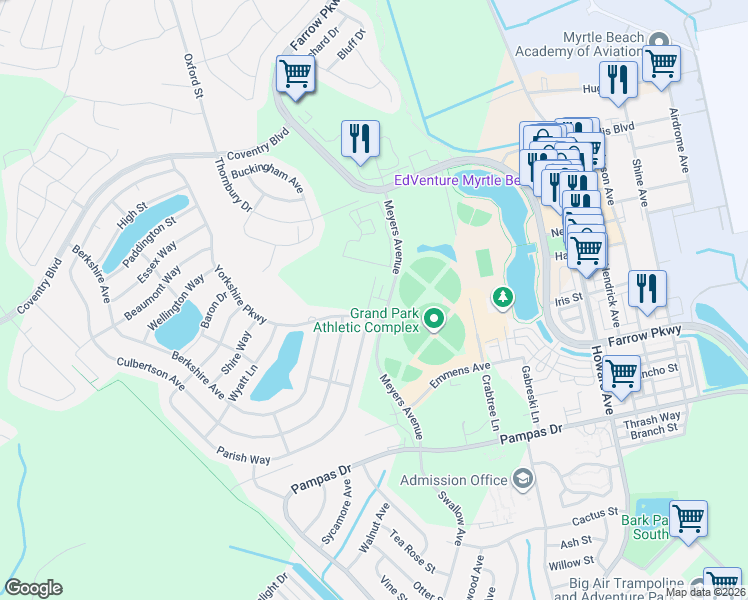 map of restaurants, bars, coffee shops, grocery stores, and more near Meyers Avenue in Myrtle Beach