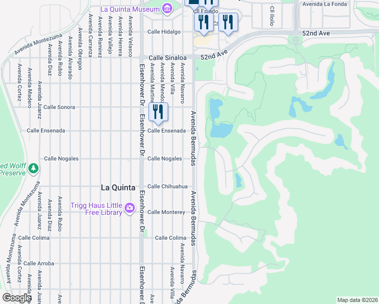 map of restaurants, bars, coffee shops, grocery stores, and more near 52695 Avenida Bermudas in La Quinta