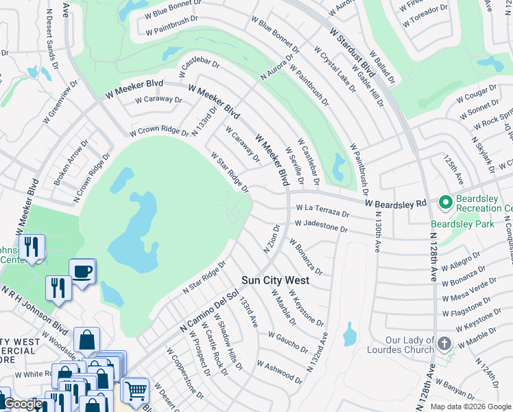 map of restaurants, bars, coffee shops, grocery stores, and more near 13339 West La Terraza Drive in Sun City West