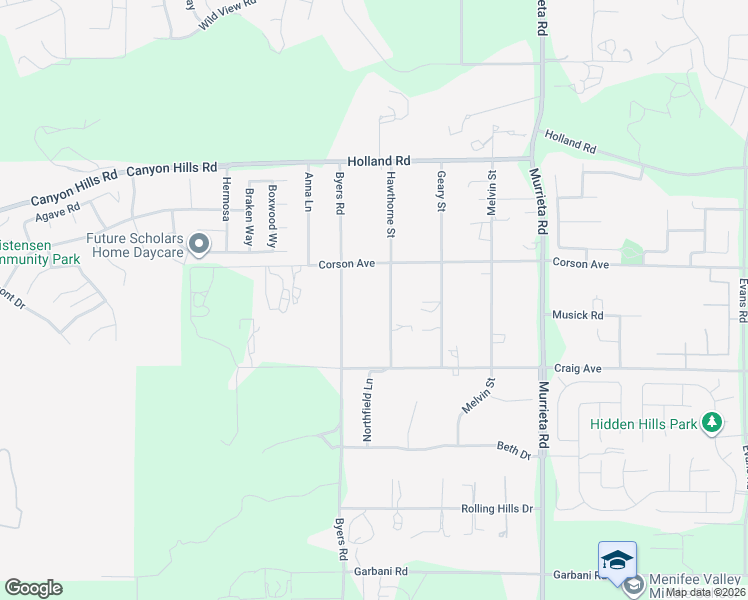 map of restaurants, bars, coffee shops, grocery stores, and more near 31365 Hawthorne Street in Menifee