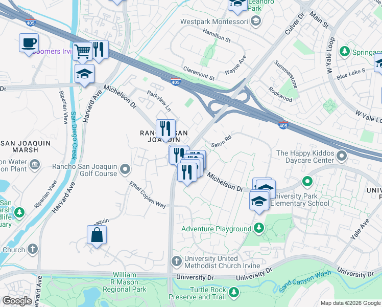 map of restaurants, bars, coffee shops, grocery stores, and more near 1 Hopkins Street in Irvine