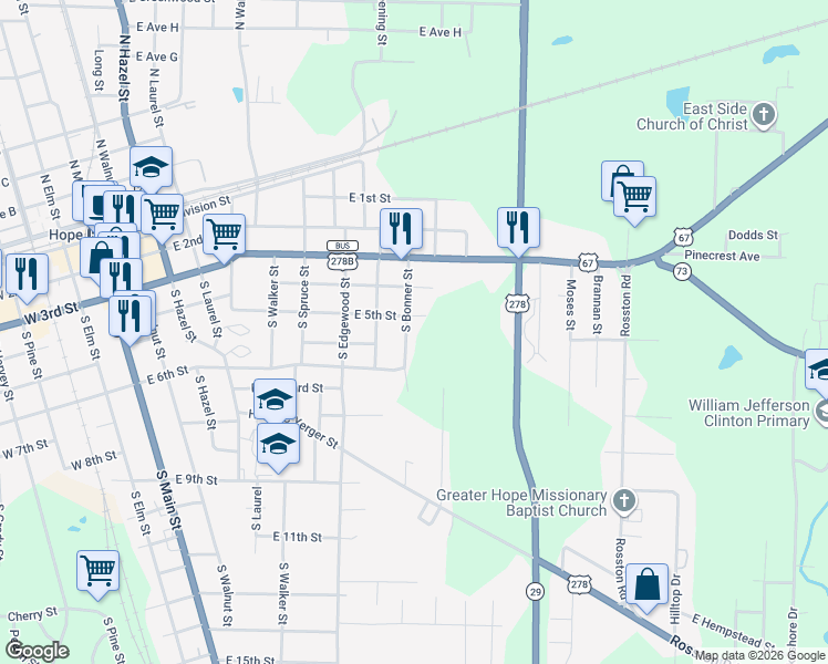 map of restaurants, bars, coffee shops, grocery stores, and more near 513 South Bonner Street in Hope