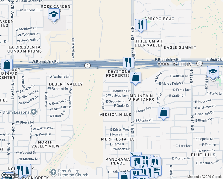 map of restaurants, bars, coffee shops, grocery stores, and more near 425 East Marco Polo Road in Phoenix