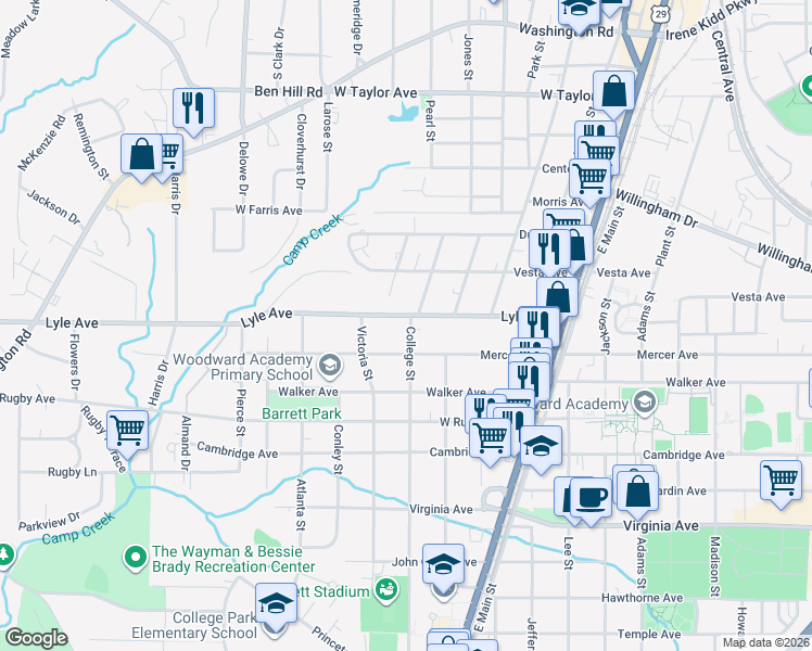 map of restaurants, bars, coffee shops, grocery stores, and more near 3297 College Street in College Park