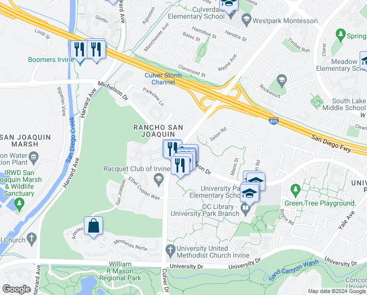 map of restaurants, bars, coffee shops, grocery stores, and more near 1 Hopkins Street in Irvine