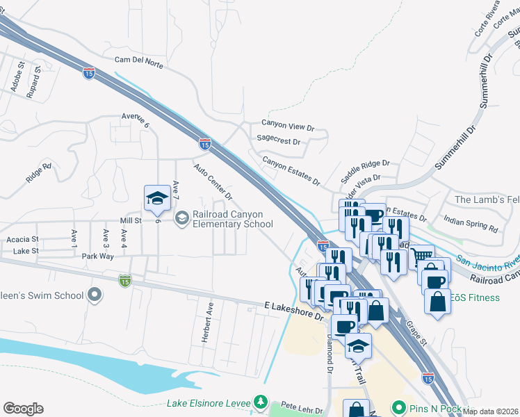 map of restaurants, bars, coffee shops, grocery stores, and more near 31400 Auto Center Drive in Lake Elsinore