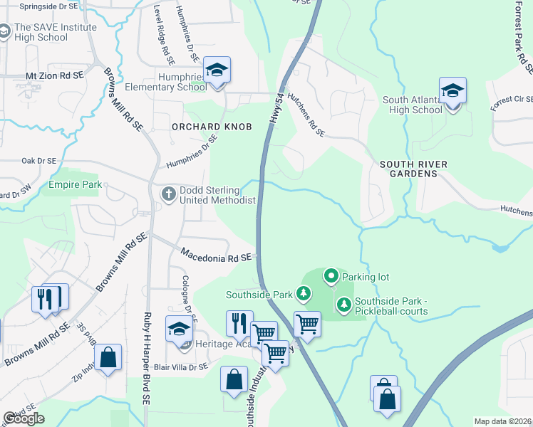 map of restaurants, bars, coffee shops, grocery stores, and more near 3256 Jonesboro Road Southeast in Atlanta