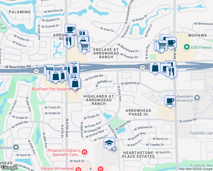map of restaurants, bars, coffee shops, grocery stores, and more near 6376 West Adobe Drive in Glendale
