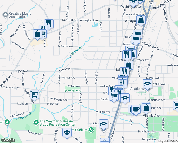 map of restaurants, bars, coffee shops, grocery stores, and more near 1944 Lyle Avenue in College Park