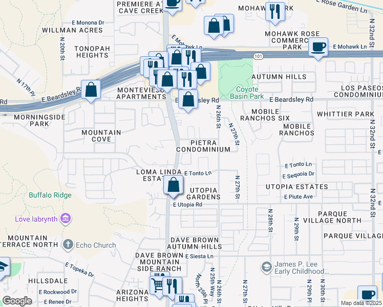 map of restaurants, bars, coffee shops, grocery stores, and more near 19635 North Cave Creek Road in Phoenix