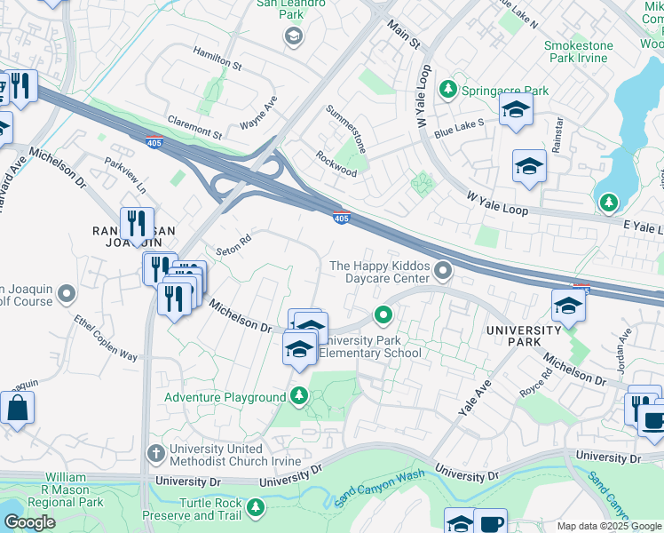 map of restaurants, bars, coffee shops, grocery stores, and more near 30 Seton Rd in Irvine