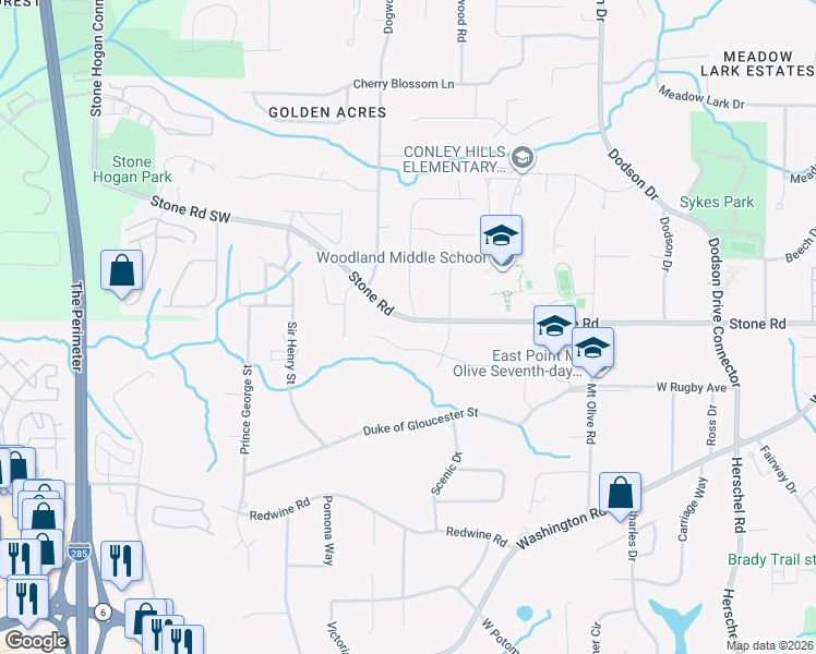map of restaurants, bars, coffee shops, grocery stores, and more near 2946 Stone Road in East Point