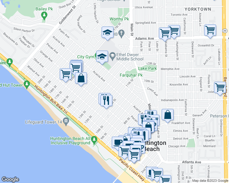 map of restaurants, bars, coffee shops, grocery stores, and more near 526 12th Street in Huntington Beach