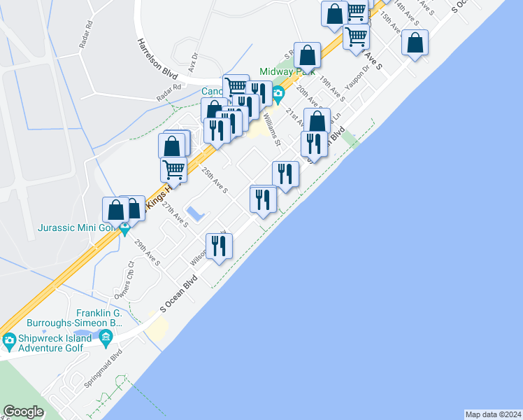 map of restaurants, bars, coffee shops, grocery stores, and more near 2406 South Ocean Boulevard in Myrtle Beach