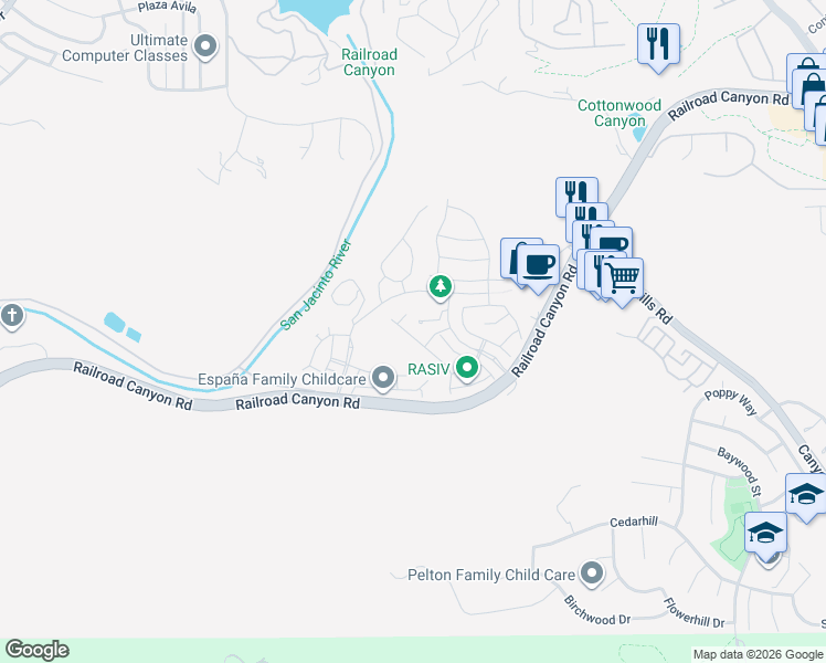 map of restaurants, bars, coffee shops, grocery stores, and more near 24240 Lilac lane in Lake Elsinore