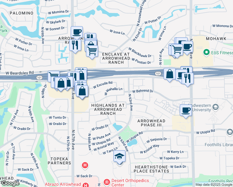 map of restaurants, bars, coffee shops, grocery stores, and more near 6376 West Adobe Drive in Glendale