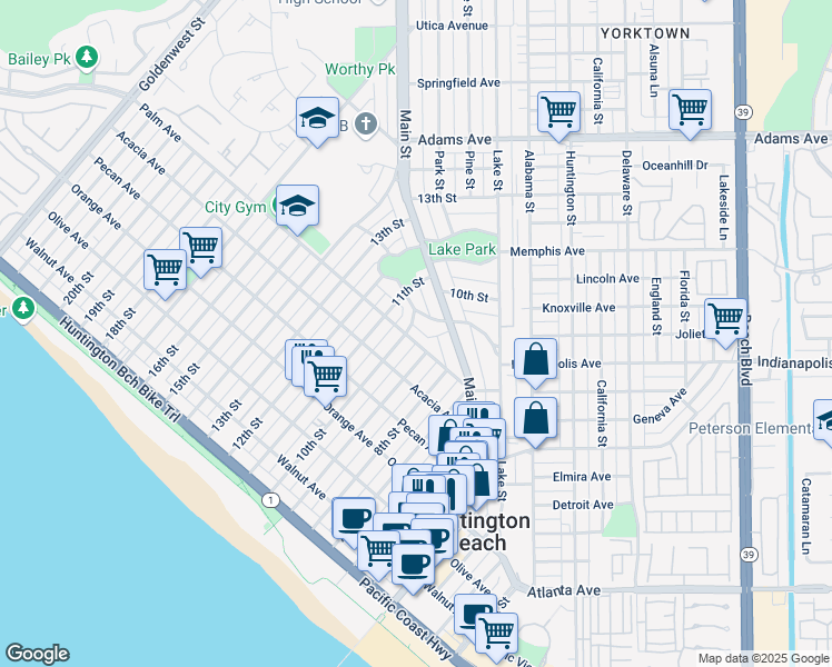 map of restaurants, bars, coffee shops, grocery stores, and more near 315 Crest Avenue in Huntington Beach