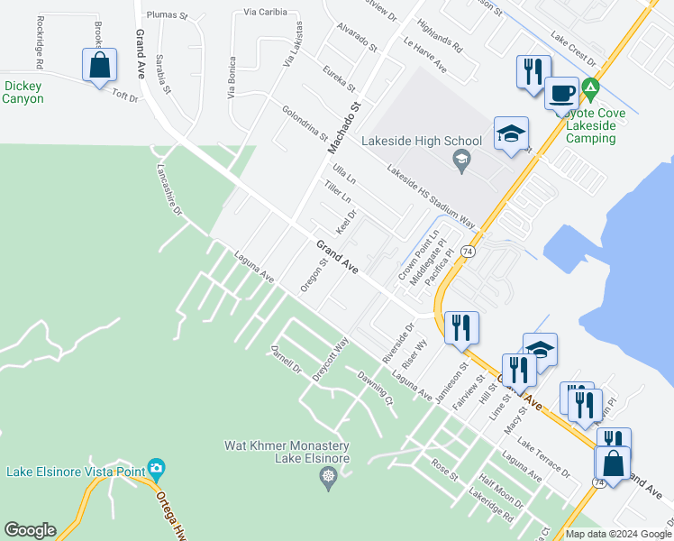 map of restaurants, bars, coffee shops, grocery stores, and more near 33050 Oregon Street in Lake Elsinore