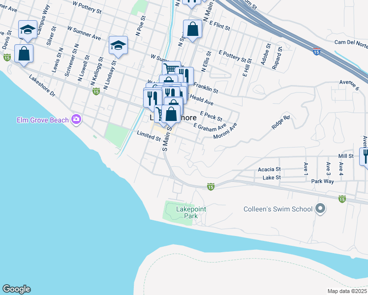 map of restaurants, bars, coffee shops, grocery stores, and more near 176 Olive Street in Lake Elsinore
