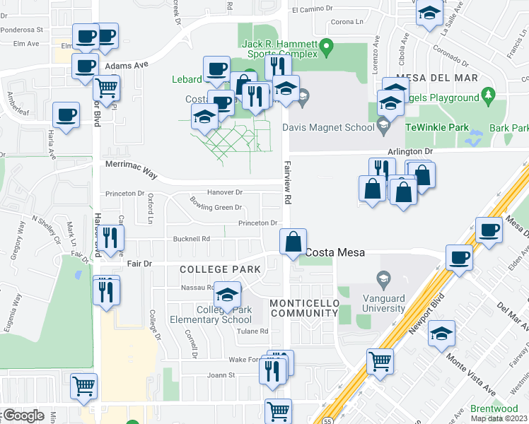 map of restaurants, bars, coffee shops, grocery stores, and more near 229 Wellesley Lane in Costa Mesa