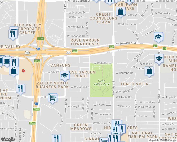 map of restaurants, bars, coffee shops, grocery stores, and more near 2102 West Behrend Drive in Phoenix