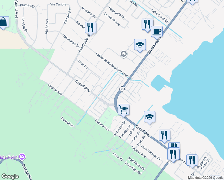 map of restaurants, bars, coffee shops, grocery stores, and more near 32953 Middlegate Place in Lake Elsinore