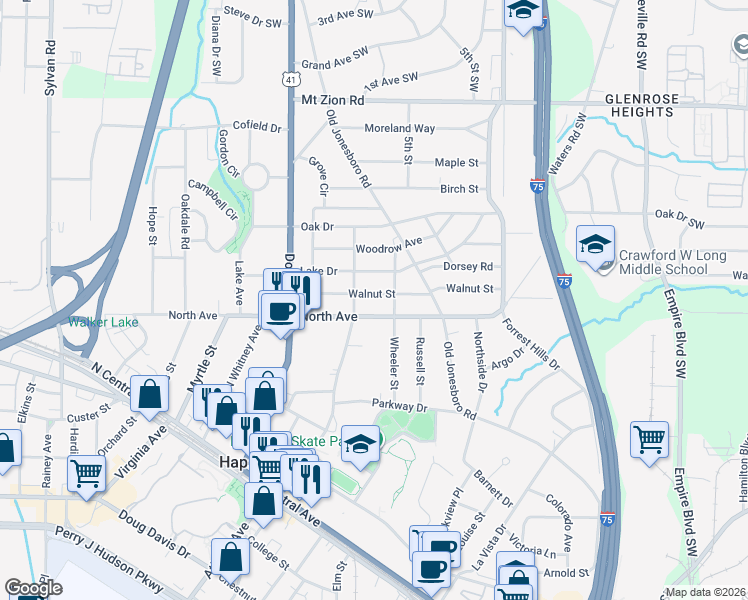 map of restaurants, bars, coffee shops, grocery stores, and more near 498 Walnut Street in Hapeville