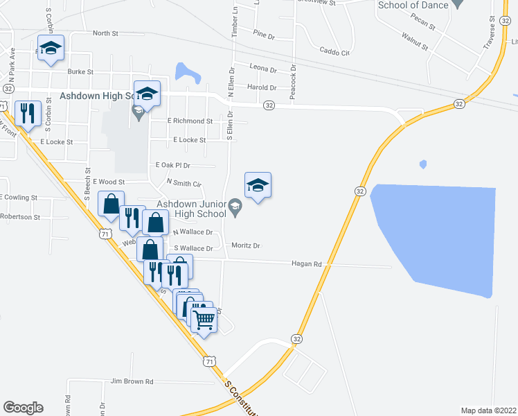 map of restaurants, bars, coffee shops, grocery stores, and more near 600 South Ellen Drive in Ashdown