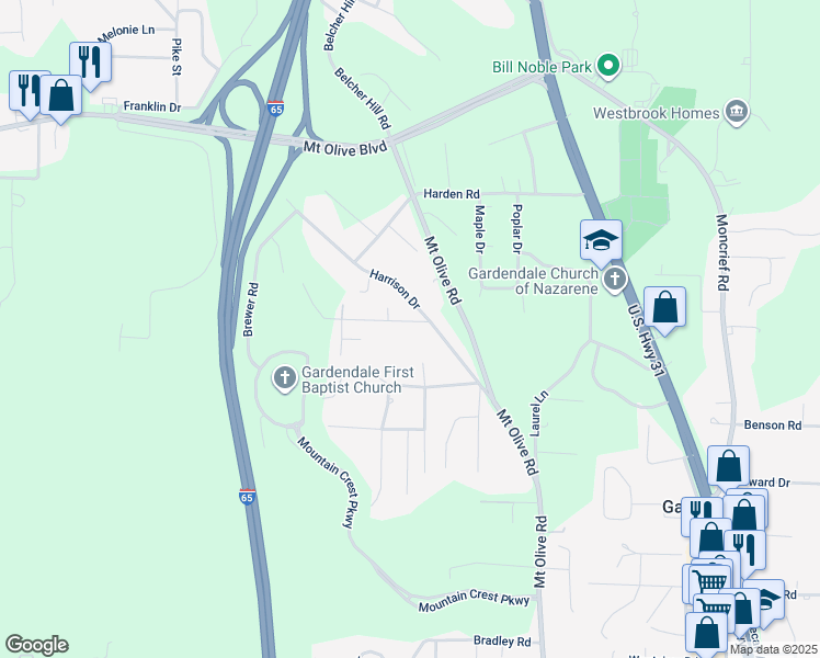 map of restaurants, bars, coffee shops, grocery stores, and more near 513 Garst Drive in Gardendale