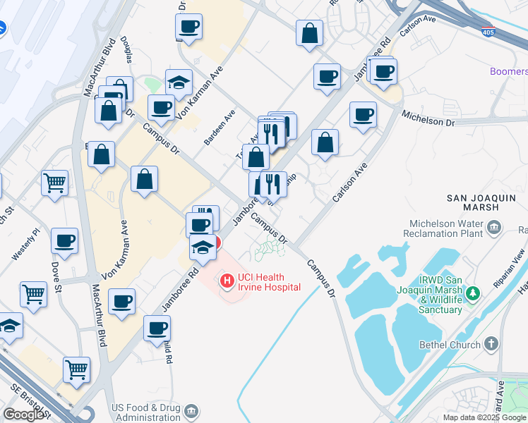 map of restaurants, bars, coffee shops, grocery stores, and more near 8076 Scholarship in Irvine
